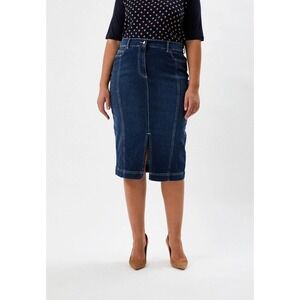 NWT Persona Marina Rinaldi Gonna Skirt Sz 18 Denim Pencil Blue Midi Front Slit